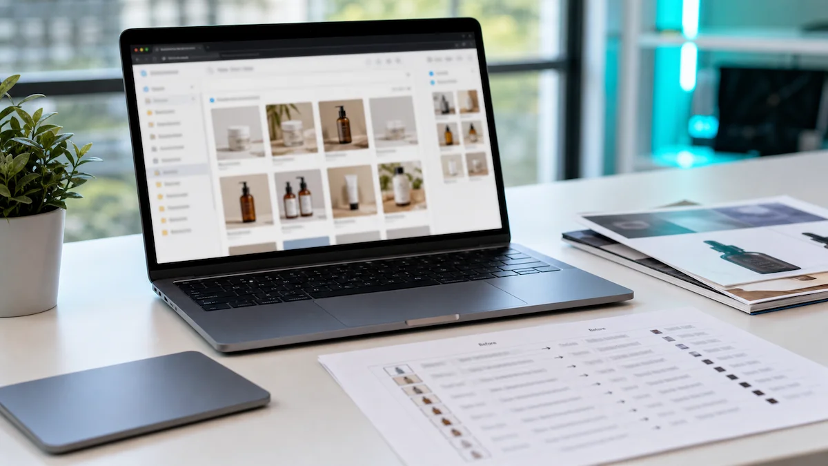 Mac workspace with product images prepared for a browser-based batch rename workflow.